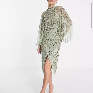 NWT ASOS green fully beaded cape midi dress